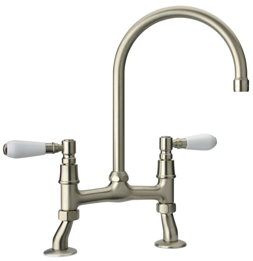 Swan Bridge Mixer Tap Brushed Nickel + White Swan Bridge Mixer Tap Brushed Nickel + White