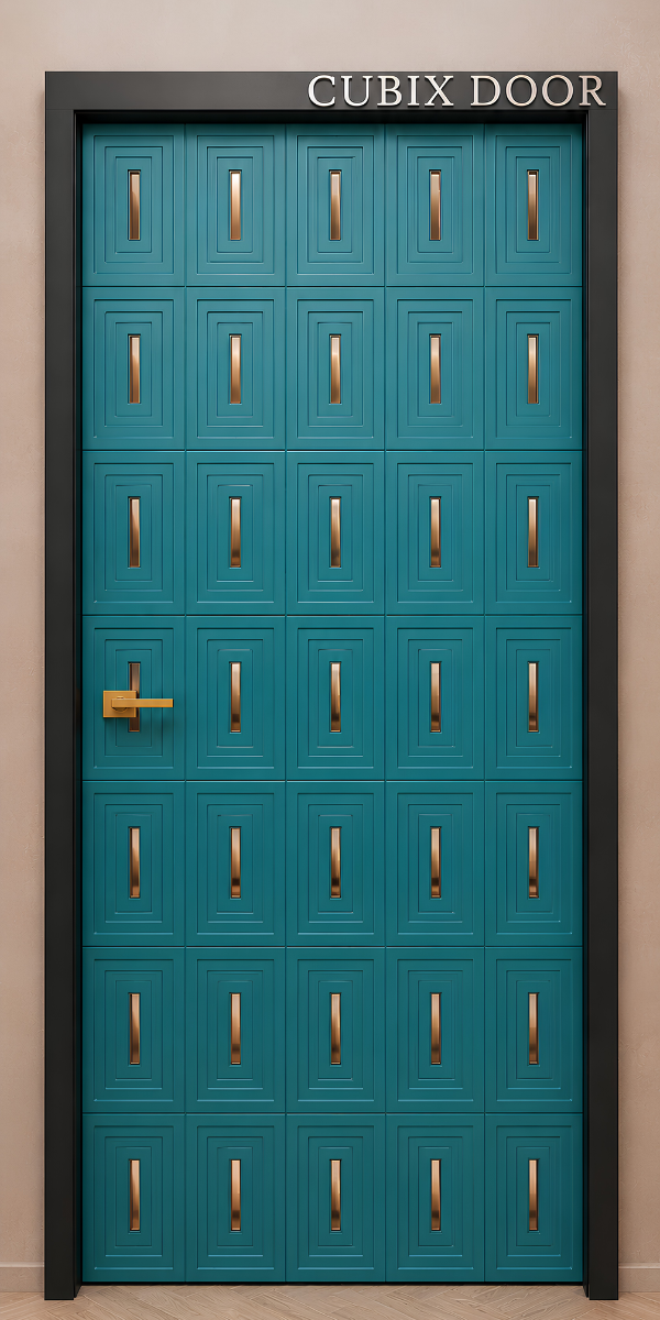 Cubix Door by Luxe Verve – luxury turquoise designer entrance door featuring geometric panel design, metallic inserts, and contemporary architectural styling.