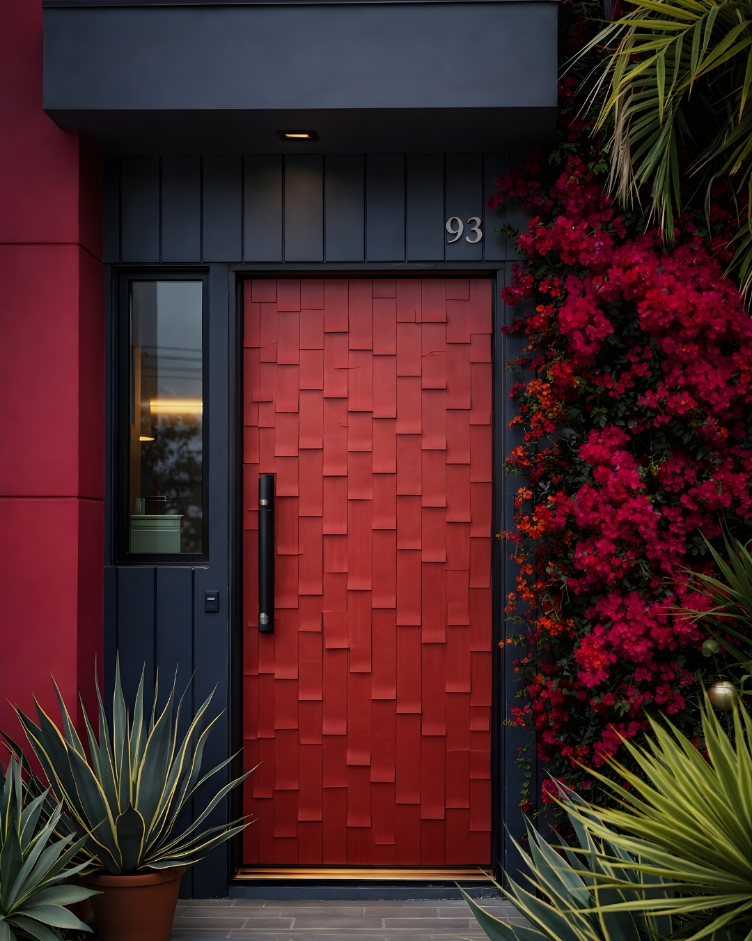 The Threadline Door by Luxe Verve features a striking red leatherette finish with layered geometric paneling that creates depth, texture, and visual rhythm. Framed in sleek black metal and complemented by a minimalist vertical handle, the door blends precision craftsmanship with contemporary luxury. Inspired by fine stitching and woven surface patterns, it delivers a bold architectural statement for modern homes, luxury villas, and premium entrance spaces.