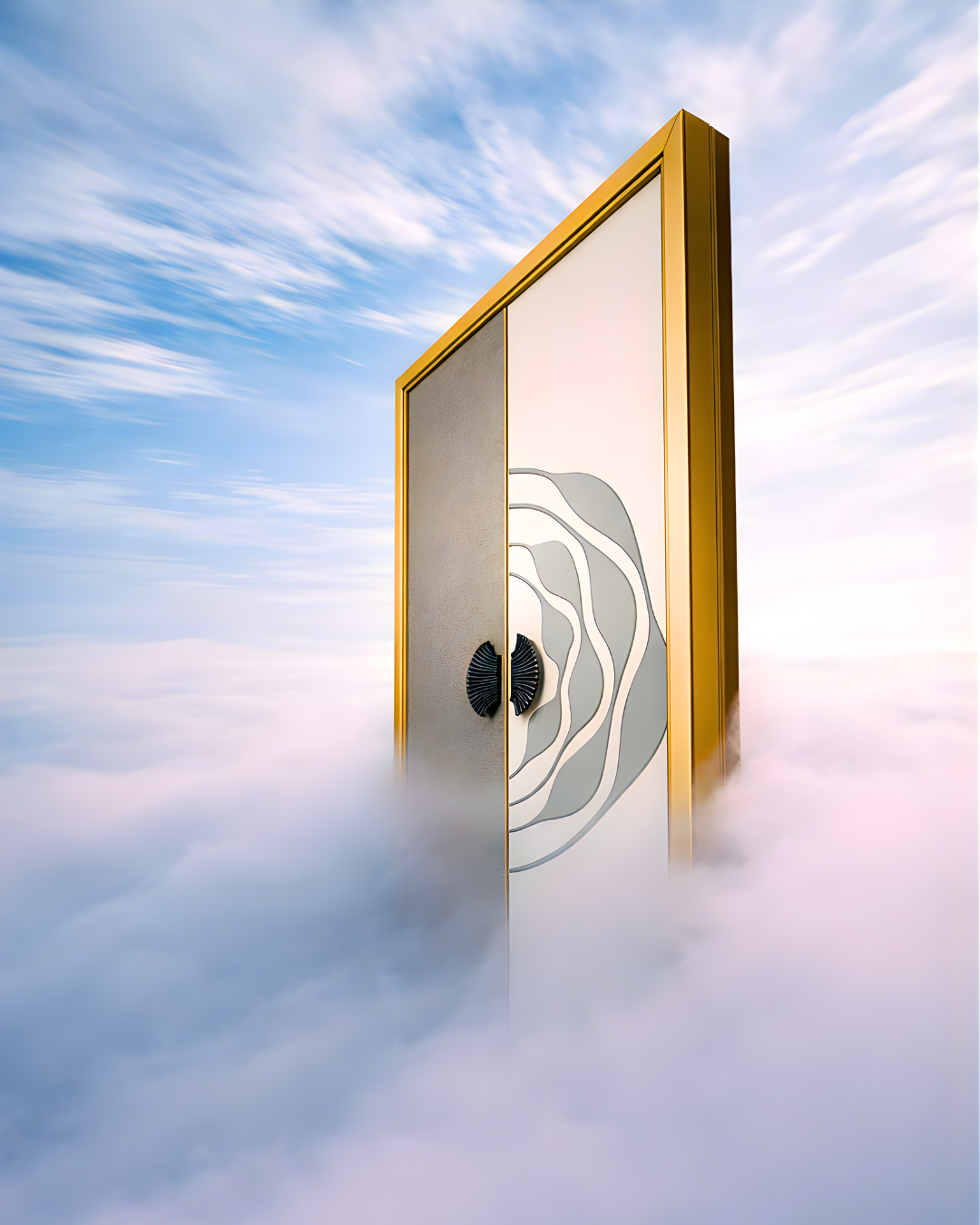 The Blossom Door by Luxe Verve is a luxury designer entrance door featuring an elegant floral-inspired motif crafted through layered sculptural detailing and contemporary geometric composition. Framed in a premium gold-toned metal finish, the door combines textured grey and ivory panels with distinctive artistic handles that complete the floral form. Set against a dreamlike cloudscape, the design symbolizes sophistication, tranquility, and modern luxury, making it ideal for high-end residences, villas, and architect-designed spaces.