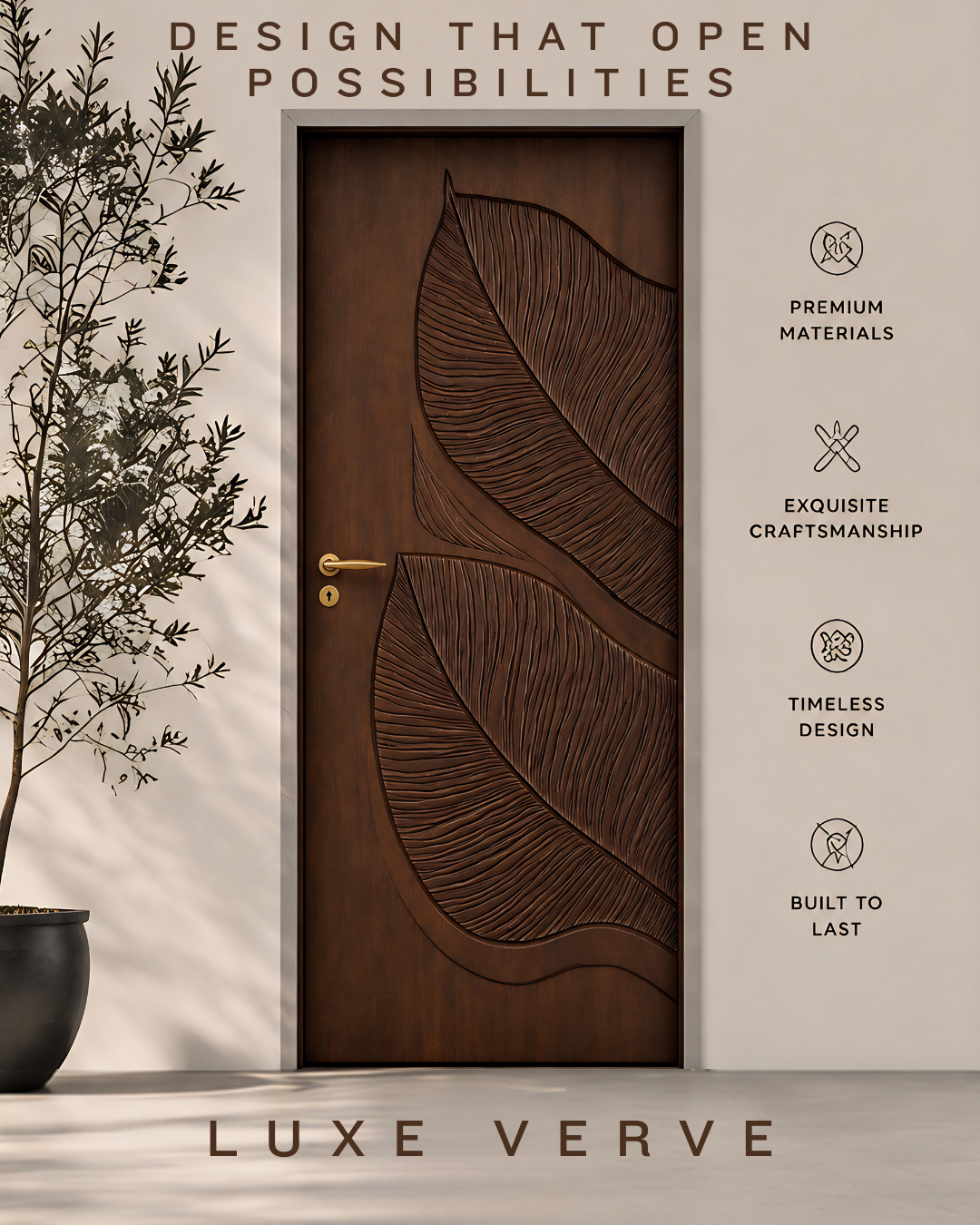 Premium luxury wooden door showcasing sculpted botanical motifs inspired by flowing leaves and natural textures. The rich dark wood finish is enhanced by intricate handcrafted carvings that create depth, movement, and visual elegance across the surface. Complemented by refined brass hardware and framed within a contemporary architectural setting, this designer door combines timeless craftsmanship, organic design language, and enduring luxury for high-end residential interiors and entrances.