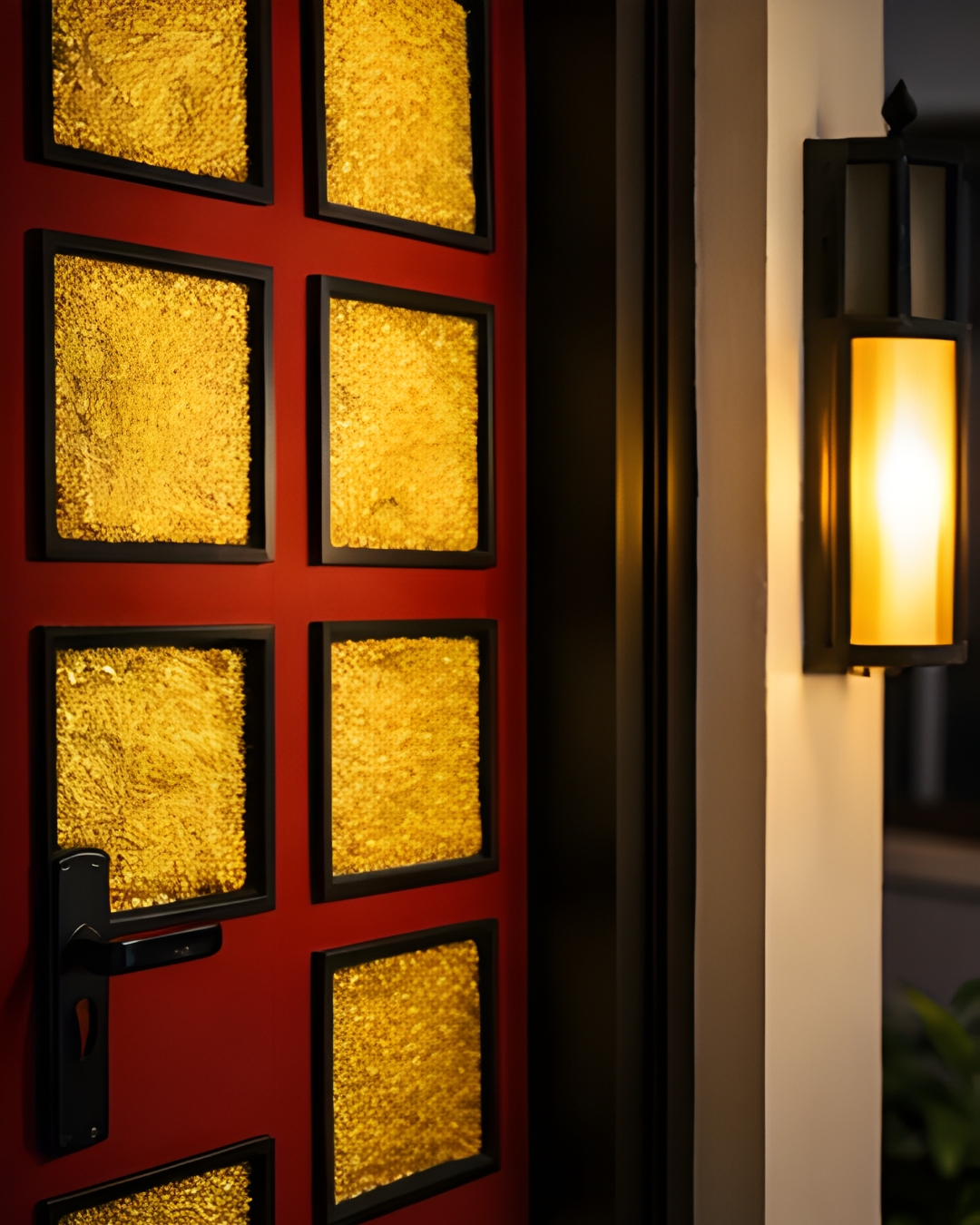 Luxury Golden Dust Door featuring a vibrant red PU-finished surface with meticulously arranged golden inset panels framed in black detailing. The structured geometric composition creates visual rhythm, depth, and elegance while reflecting light through its textured metallic accents. Surrounded by a sleek black frame and contemporary hardware, the design blends architectural precision, modern craftsmanship, and refined luxury, making it an ideal statement entrance for high-end homes, villas, boutique spaces, and architect-designed projects.