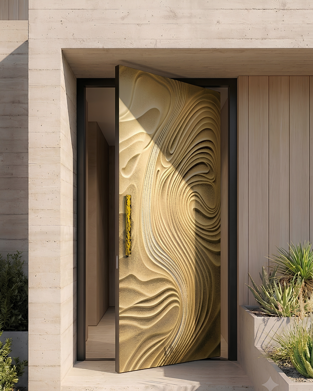 Modern luxury pivot entrance door with sculpted 3D contour design installed in a contemporary villa
