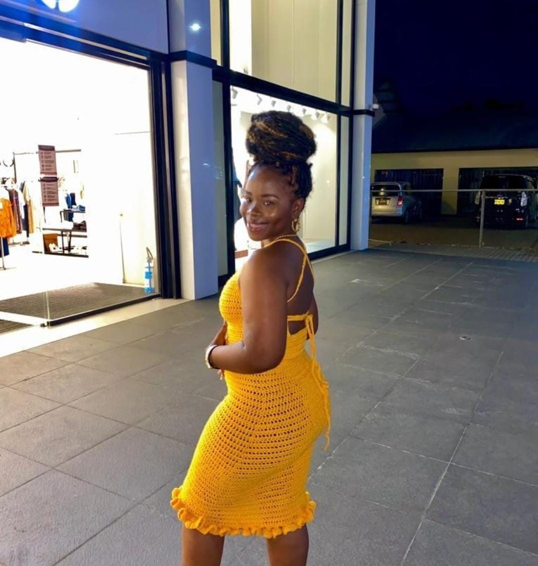 yellow backless crochet ruffle dress