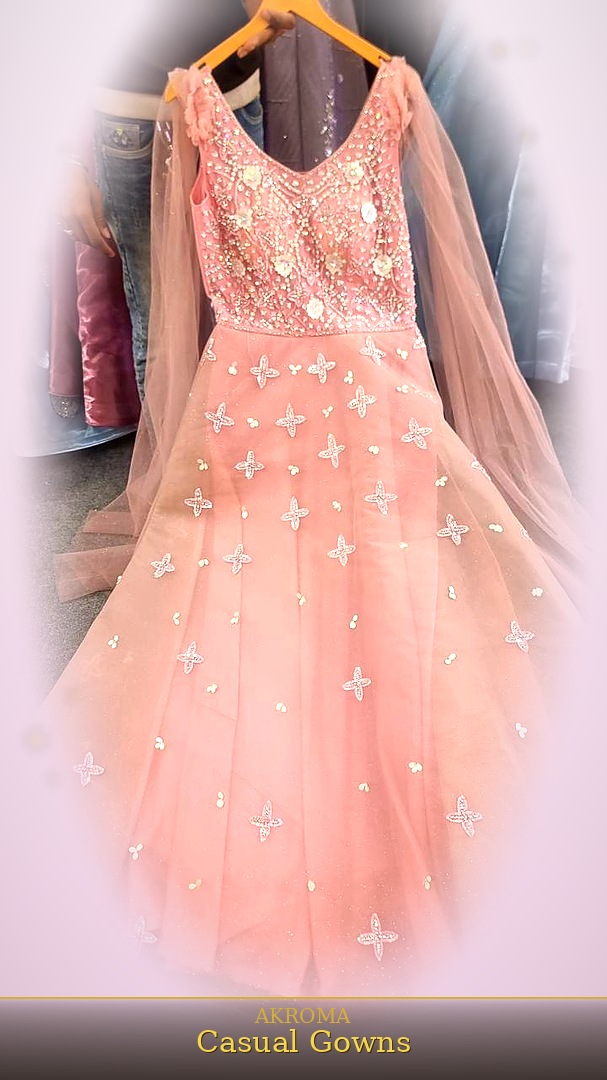 AKROMA Daywear Dresses — blush pink gown with crystal and floral embellishments