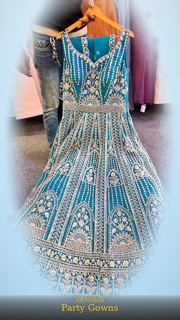 AKROMA Party Gowns — teal floor-length gown with gold embroidery, wholesale party wear USA