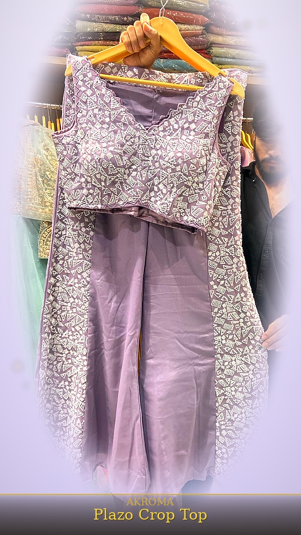 AKROMA Contemporary Party Set — lavender pearl-embellished crop top with wide-leg palazzo trousers