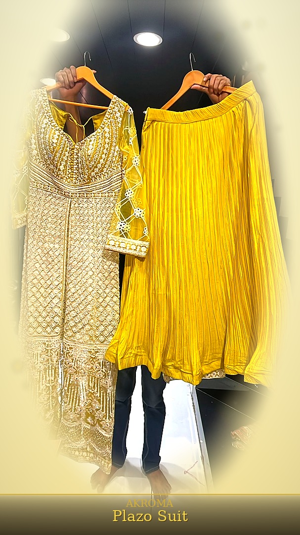 AKROMA Occasion Coord Set — mustard yellow embroidered top with wide-leg trousers, wholesale occasion wear