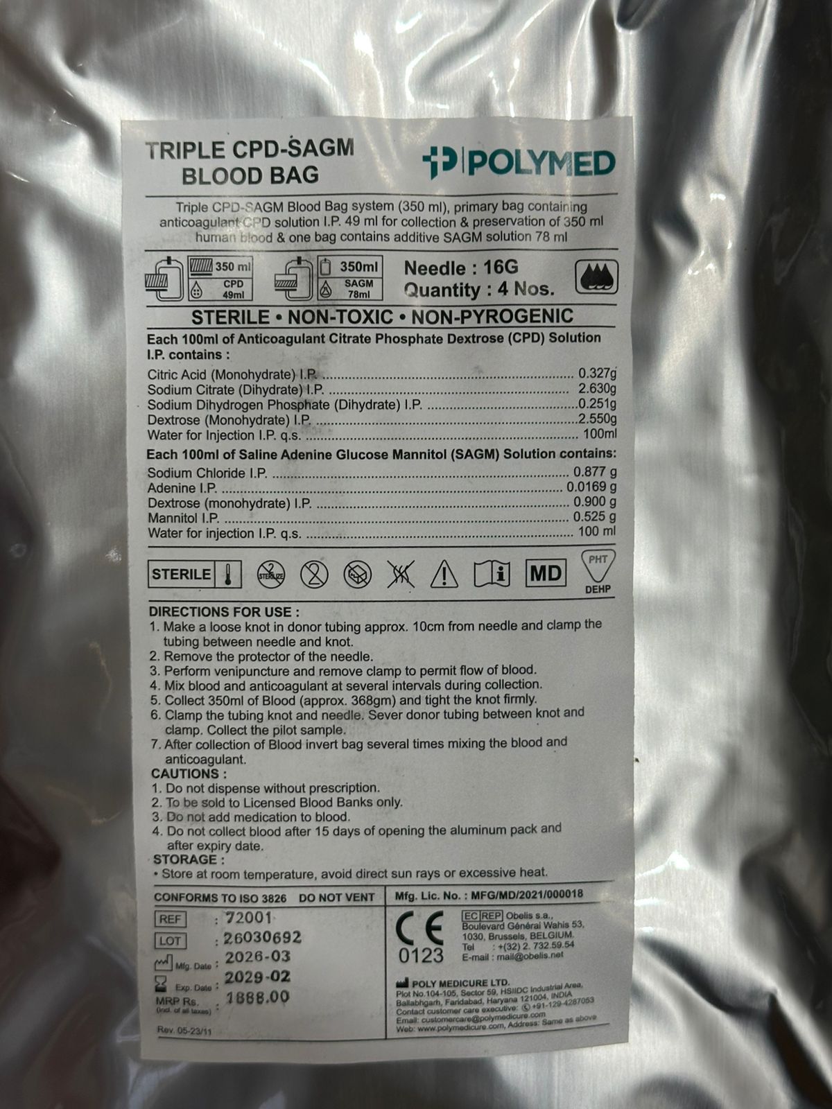 Polymed Blood Colllection Bag