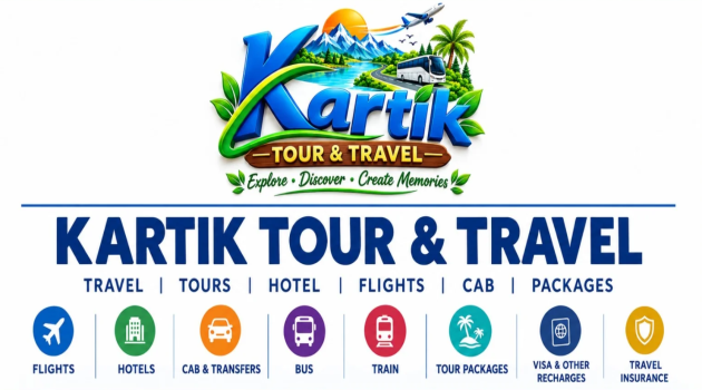 Kartik Tour & Travel services, including flights, hotels, cabs, bus and train bookings, tour packages, visa assistance and travel insurance