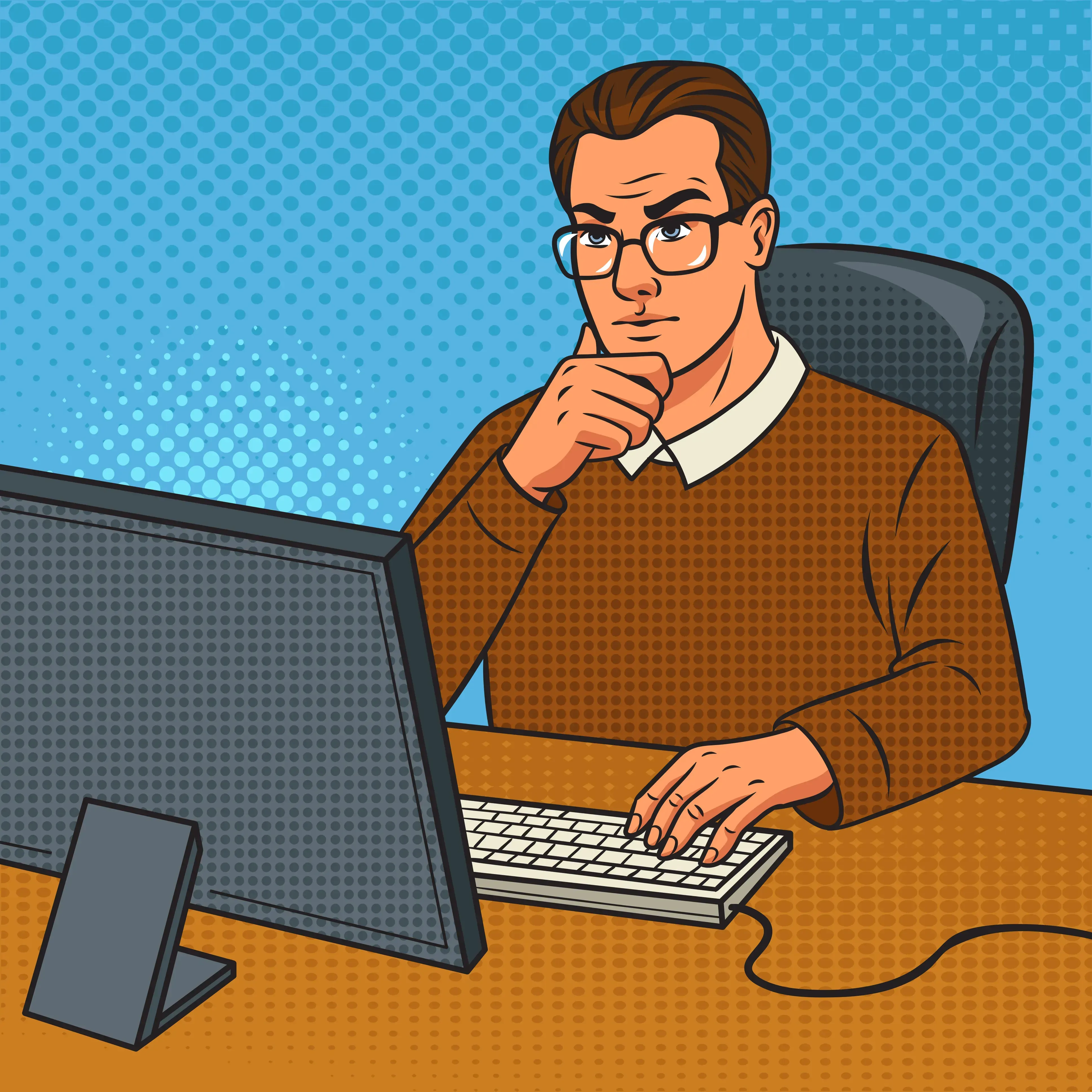 A curious developer thinking while working at a computer