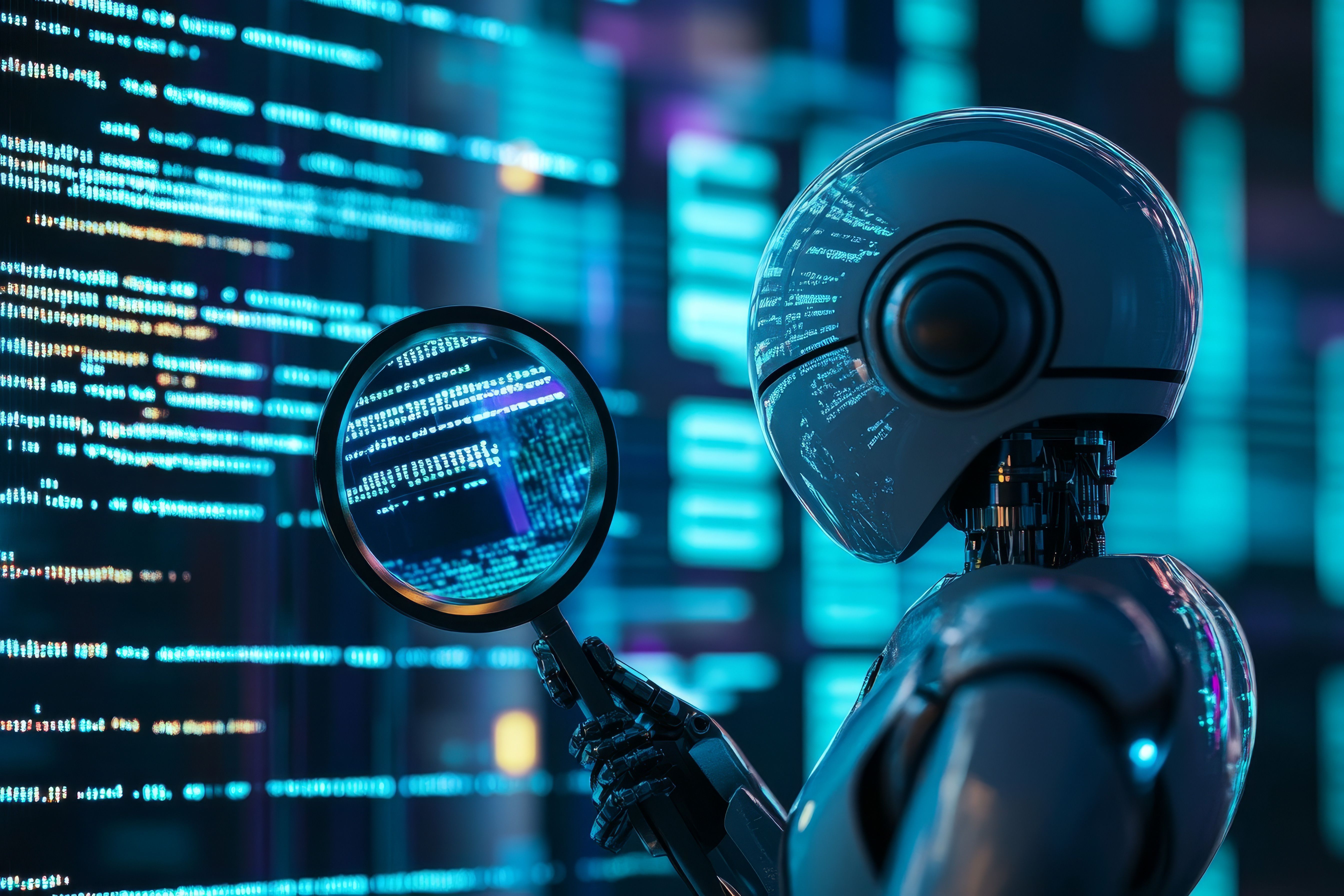 A robot inspecting code through a magnifying glass