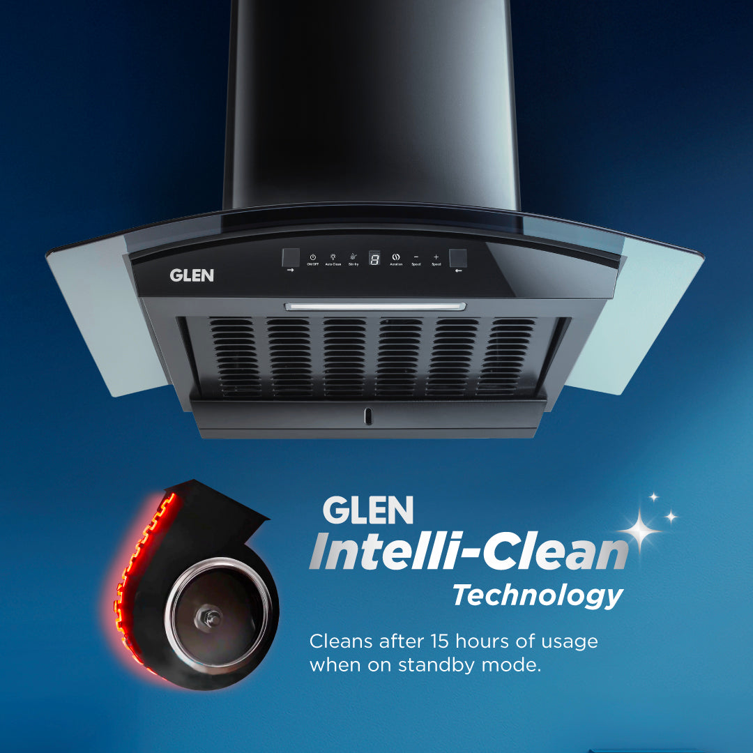 Glen India Auto Clean Curved Glass Chimney with BLDC Motor 60/90cm 1400 m³/h -Black (6071R BLDC BL AC)
