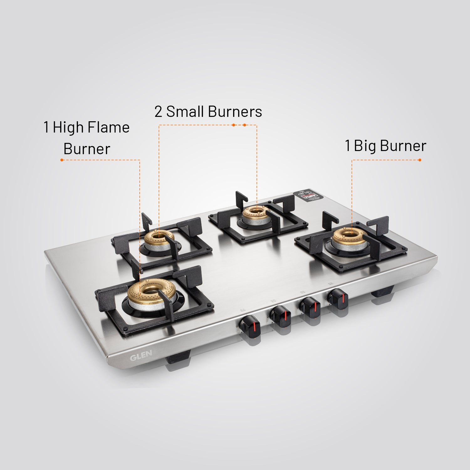 Glen India 4 Burner Ultra Tuff Stainless Steel Gas Stove with Forged Brass Burner - Manual/Auto Ignition (CT1054UTSS)