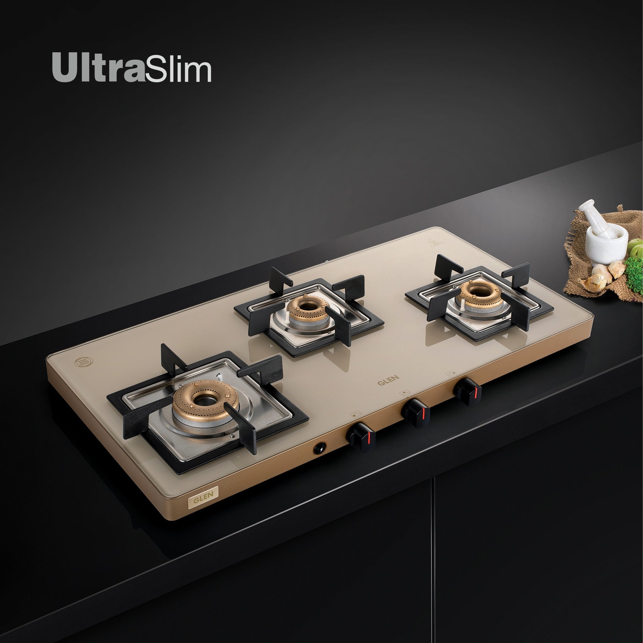 Glen India 3 Burner Ultra Slim Apricot Glass Gas Stove with High Flame Forged Brass Burner - Manual / Auto Ignition (CT1035US)
