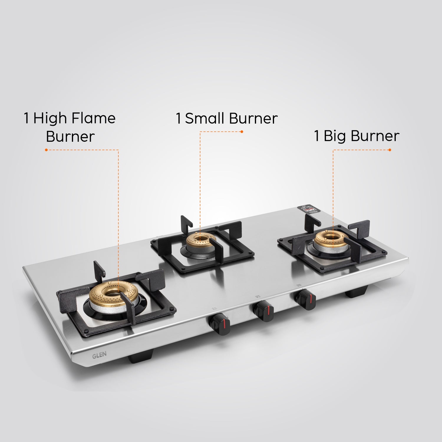Glen India 3 Burner Ultra Tuff Stainless Steel Gas Stove with Forged Brass Burner - Manual/Auto Ignition (CT1053UTSS73)