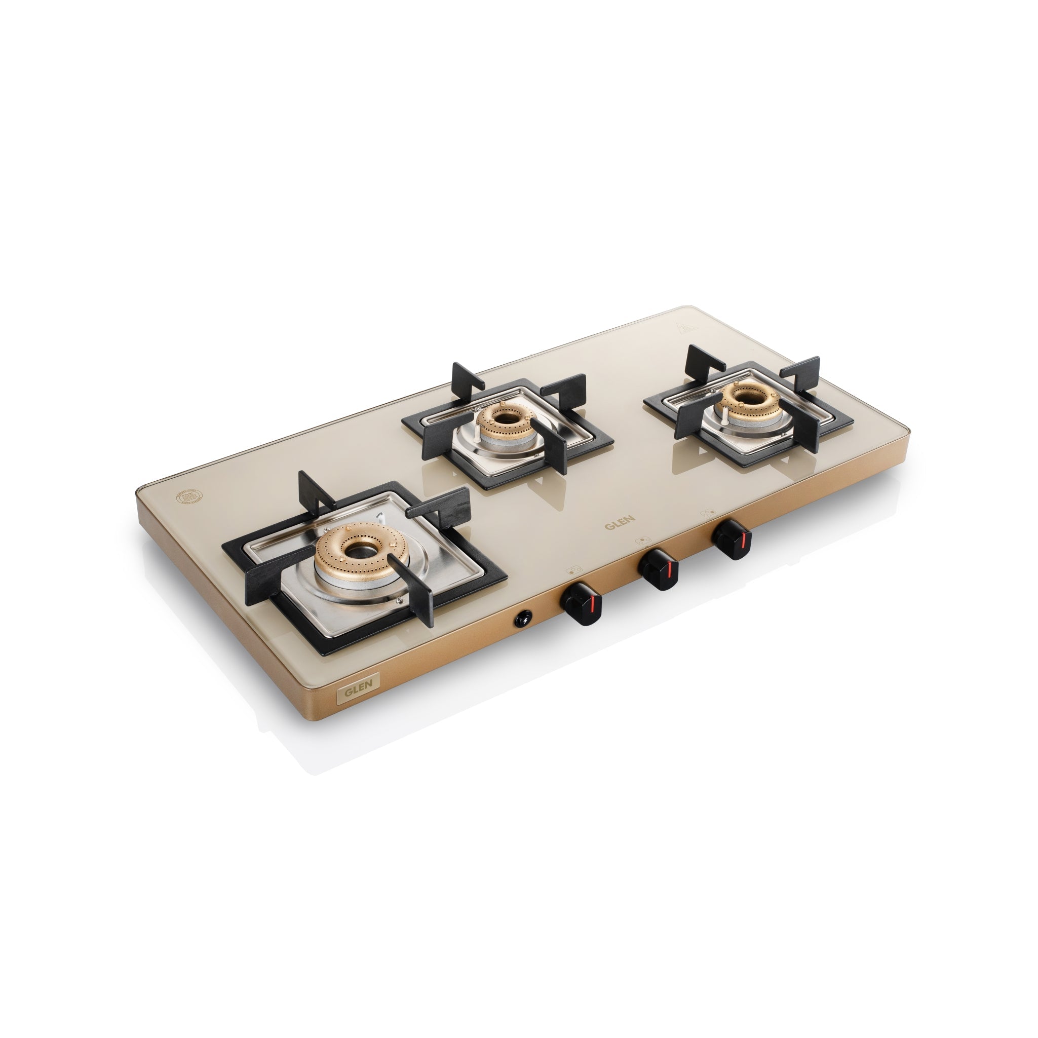 Glen India 3 Burner Ultra Slim Apricot Glass Gas Stove with High Flame Forged Brass Burner - Manual / Auto Ignition (CT1035US)