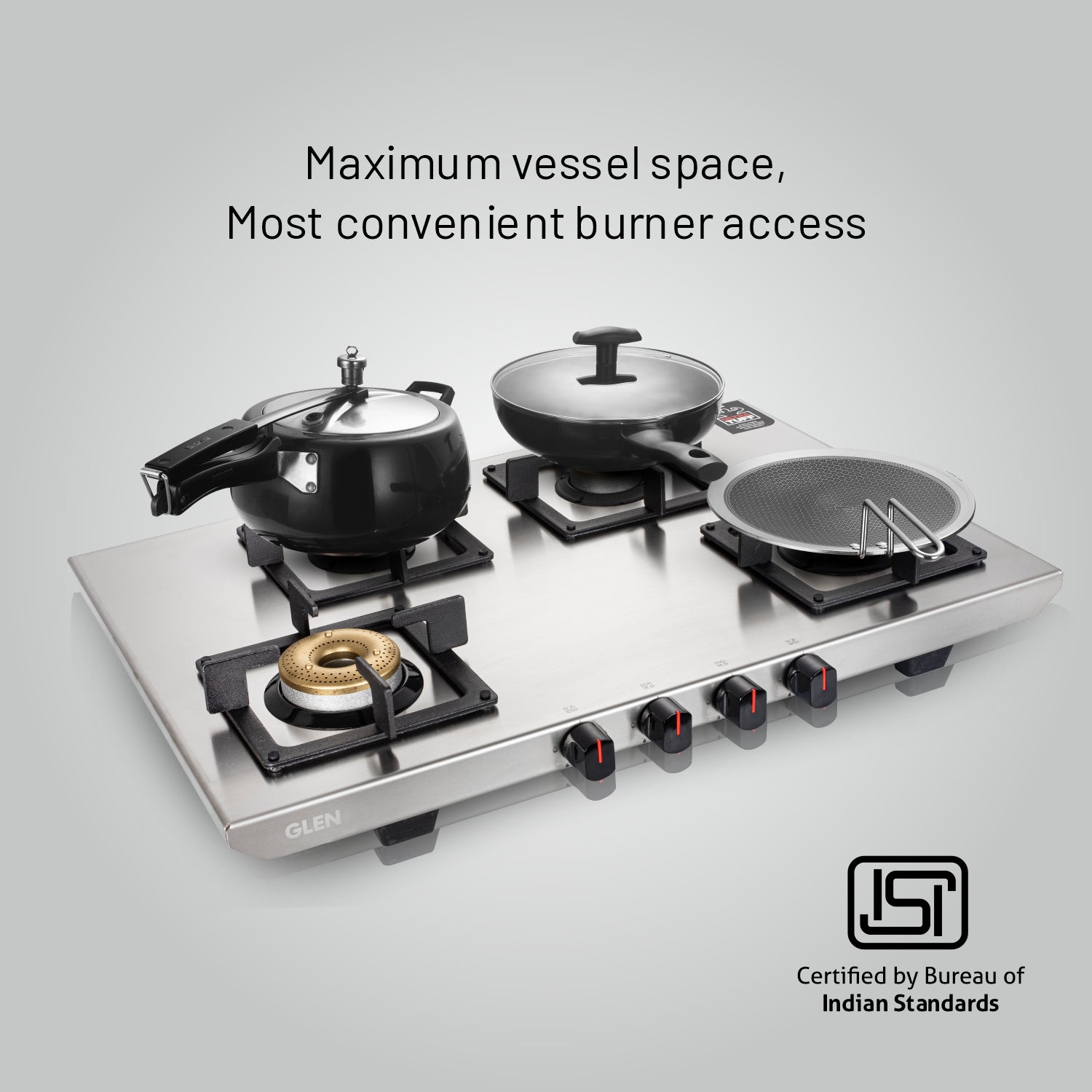 Glen India 4 Burner Ultra Tuff Stainless Steel Gas Stove with Forged Brass Burner - Manual/Auto Ignition (CT1054UTSS)