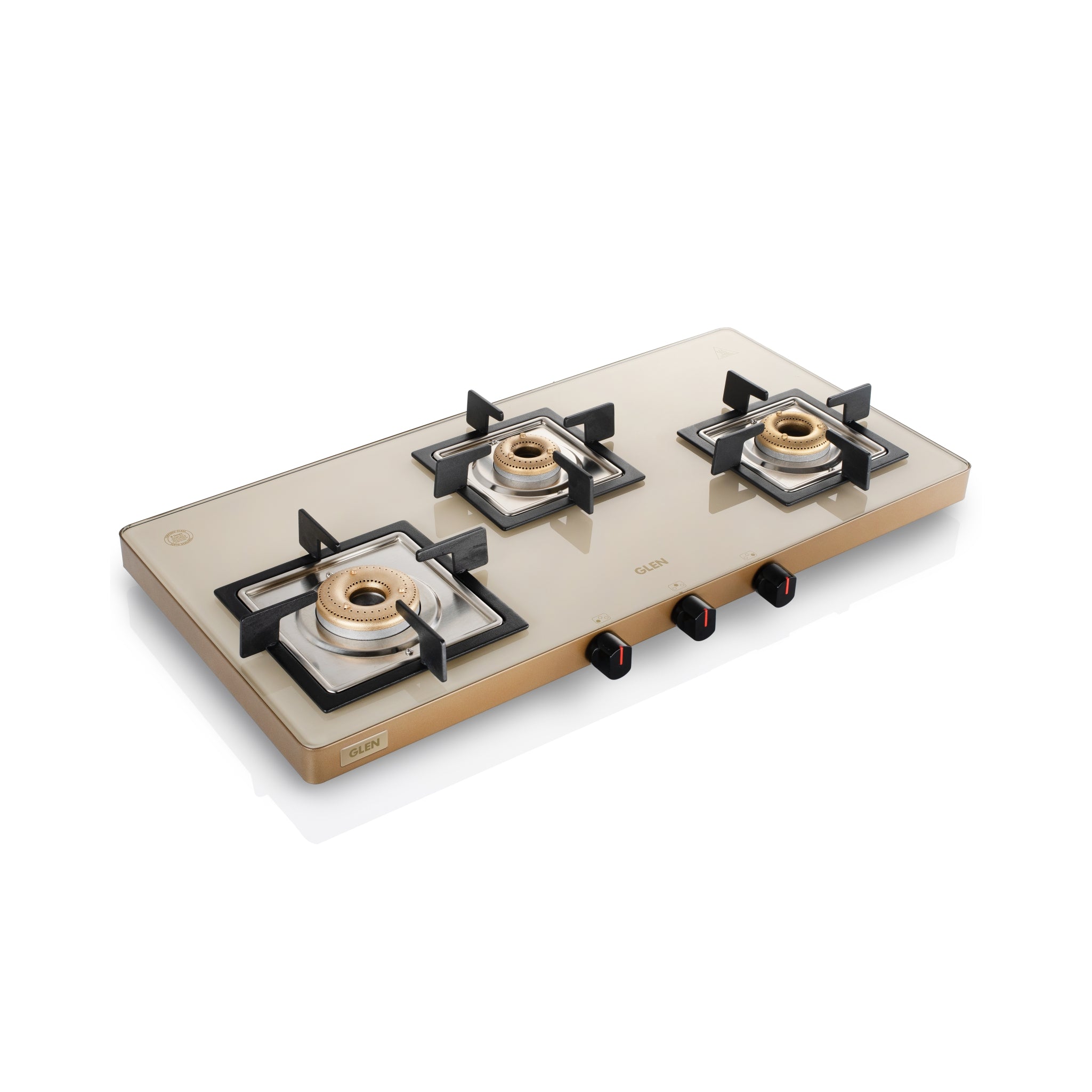Glen India 3 Burner Ultra Slim Apricot Glass Gas Stove with High Flame Forged Brass Burner - Manual / Auto Ignition (CT1035US)
