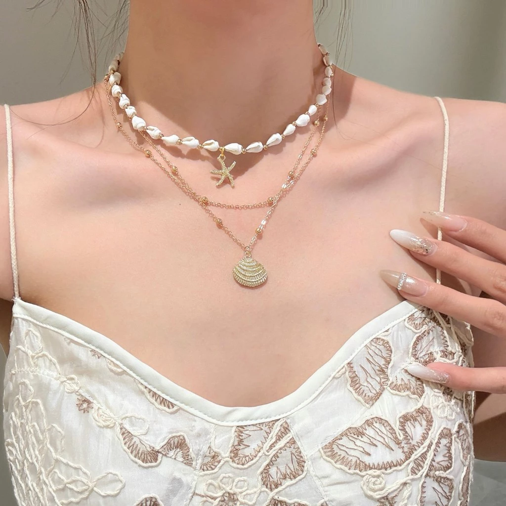 Vòng cổ đính cườm vỏ sò và sao biển nhiều lớp thời trang Hàn Quốc dành cho nữ món quà tinh tế dành cho học sinh đi biển kỳ nghỉ ảnh 4