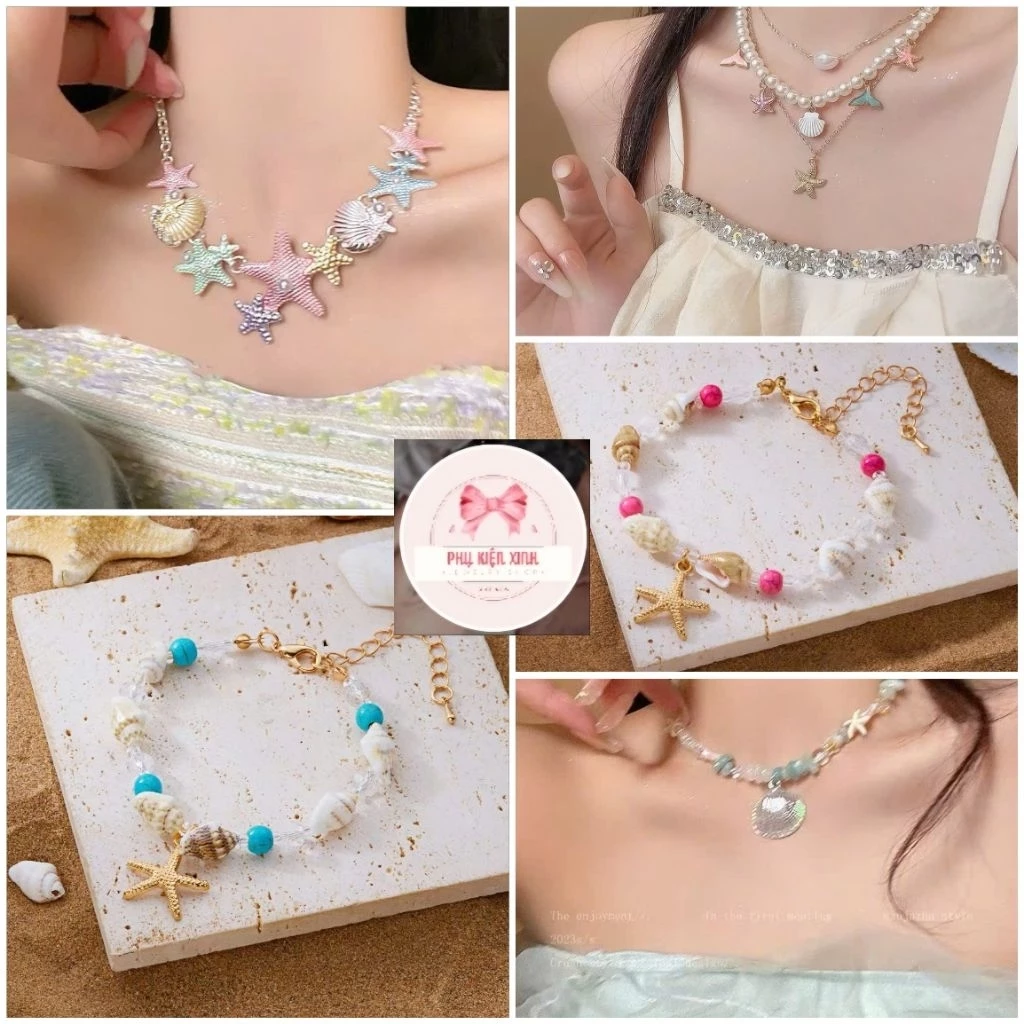 Combo Vòng Cổ, Vòng Tay Nữ Đá Ngọc Trai, Vỏ Sò, Sao Biển Phối Charm Đa Dạng Mẫu Đi Biển Mùa Hè Xinh Xắn — quà lưu niệm Việt Nam