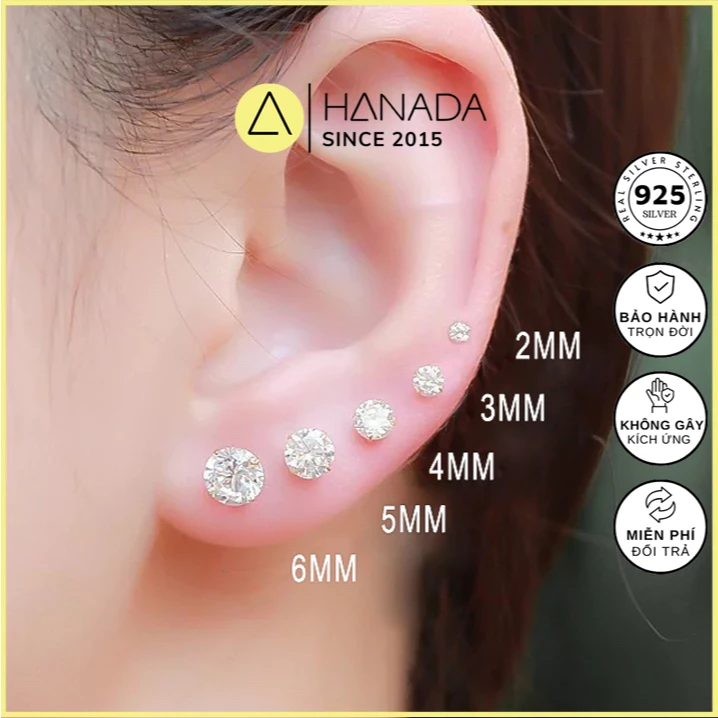 [BẠC 925-BH TRỌN ĐỜI] Bông Tai Đá CZ 6A Cao Cấp 2-3-4-5-6MM, Hoa Tai Nụ Đá Nam Nữ HANADA 0397 D6-D8 — quà lưu niệm Việt Nam