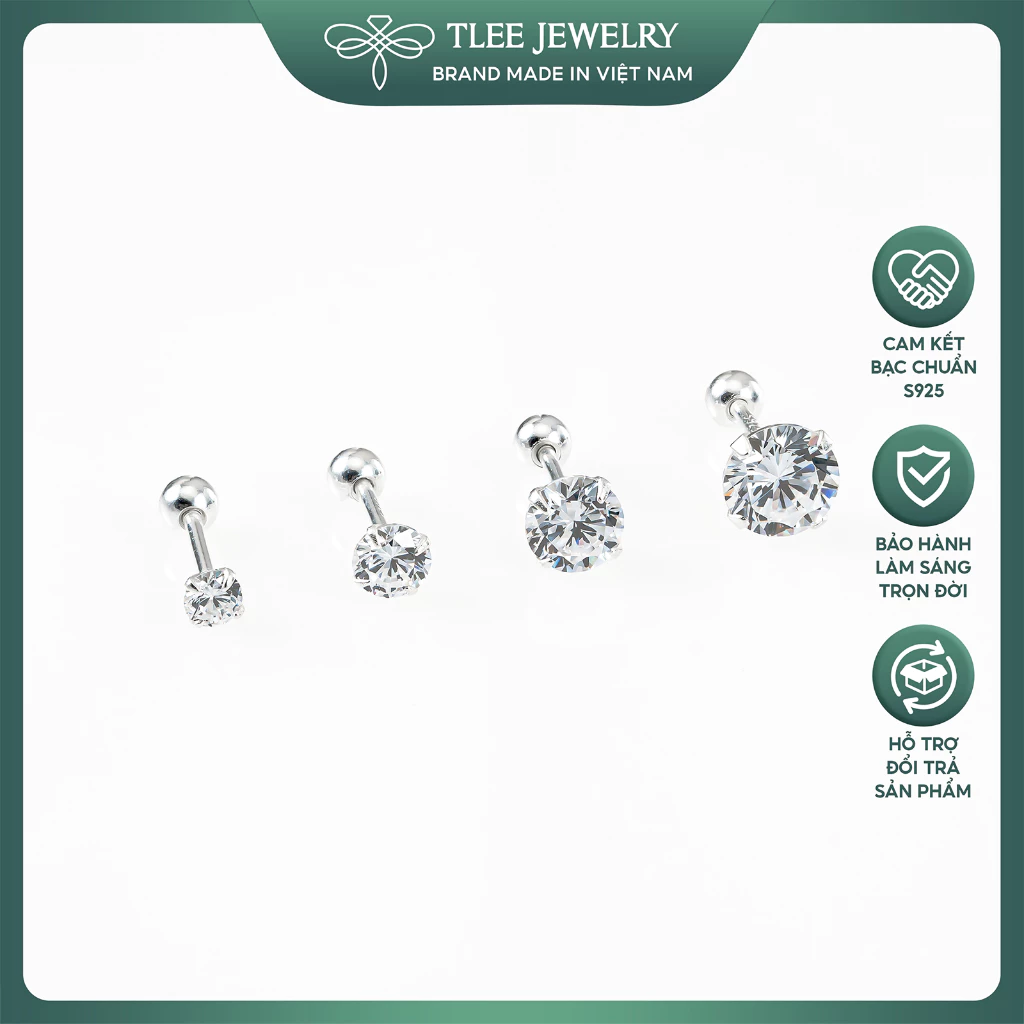 Bông tai bạc TLEE nam nữ nụ đá 925 chốt ren vặn nhiều size cá tính TLEE JEWELRY B0338 ảnh 4