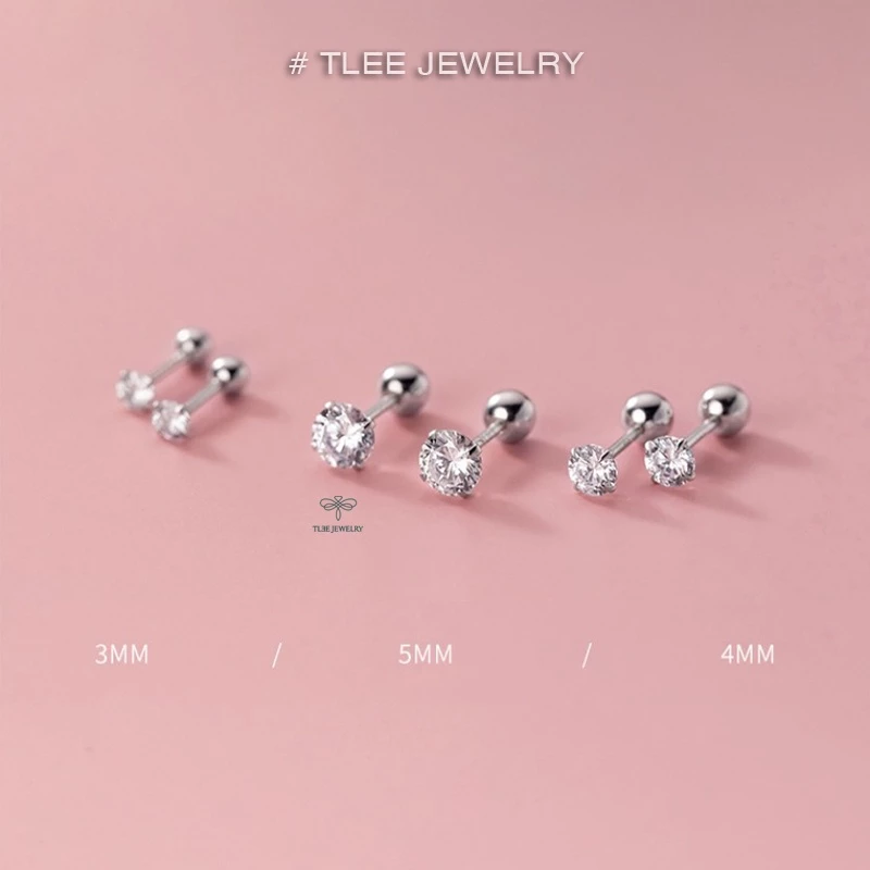 Bông tai bạc TLEE nam nữ nụ đá 925 chốt ren vặn nhiều size cá tính TLEE JEWELRY B0338 ảnh 3