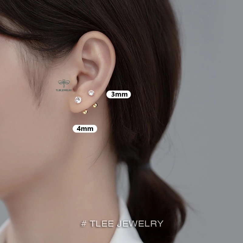 Bông tai bạc TLEE nam nữ nụ đá 925 chốt ren vặn nhiều size cá tính TLEE JEWELRY B0338 — quà lưu niệm Việt Nam