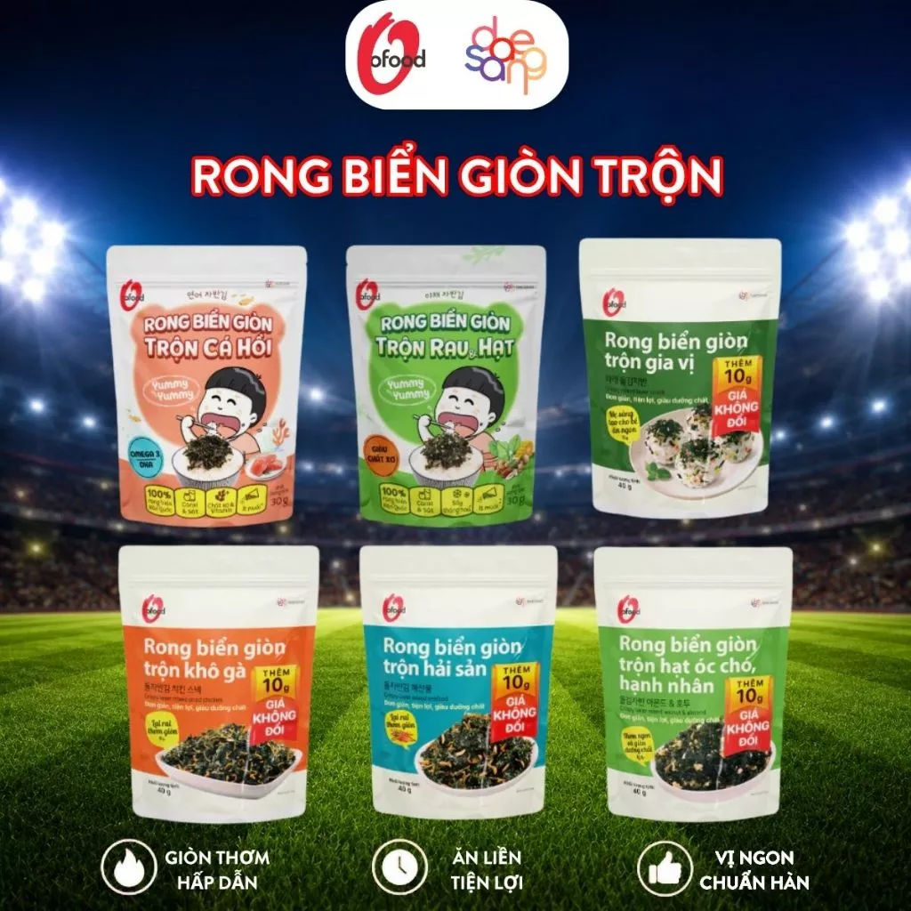 [O'Food] Rong biển giòn trộn khô gà, hải sản, hạt óc chó hạnh nhân, cá hồi, rau&hạt O'Food — tạp hoá ăn vặt
