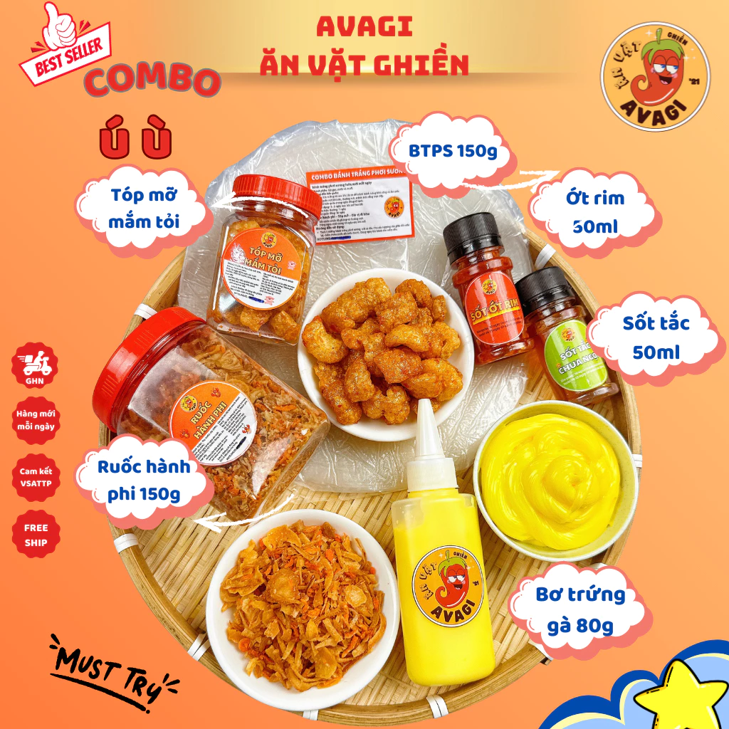 Bánh tráng Phơi Sương COMBO Ú Ù AVAGI (Bánh tráng, Tóp mỡ, túi Bơ, Ruốc hành phi, sốt tắc, ớt rim) — tạp hoá ăn vặt