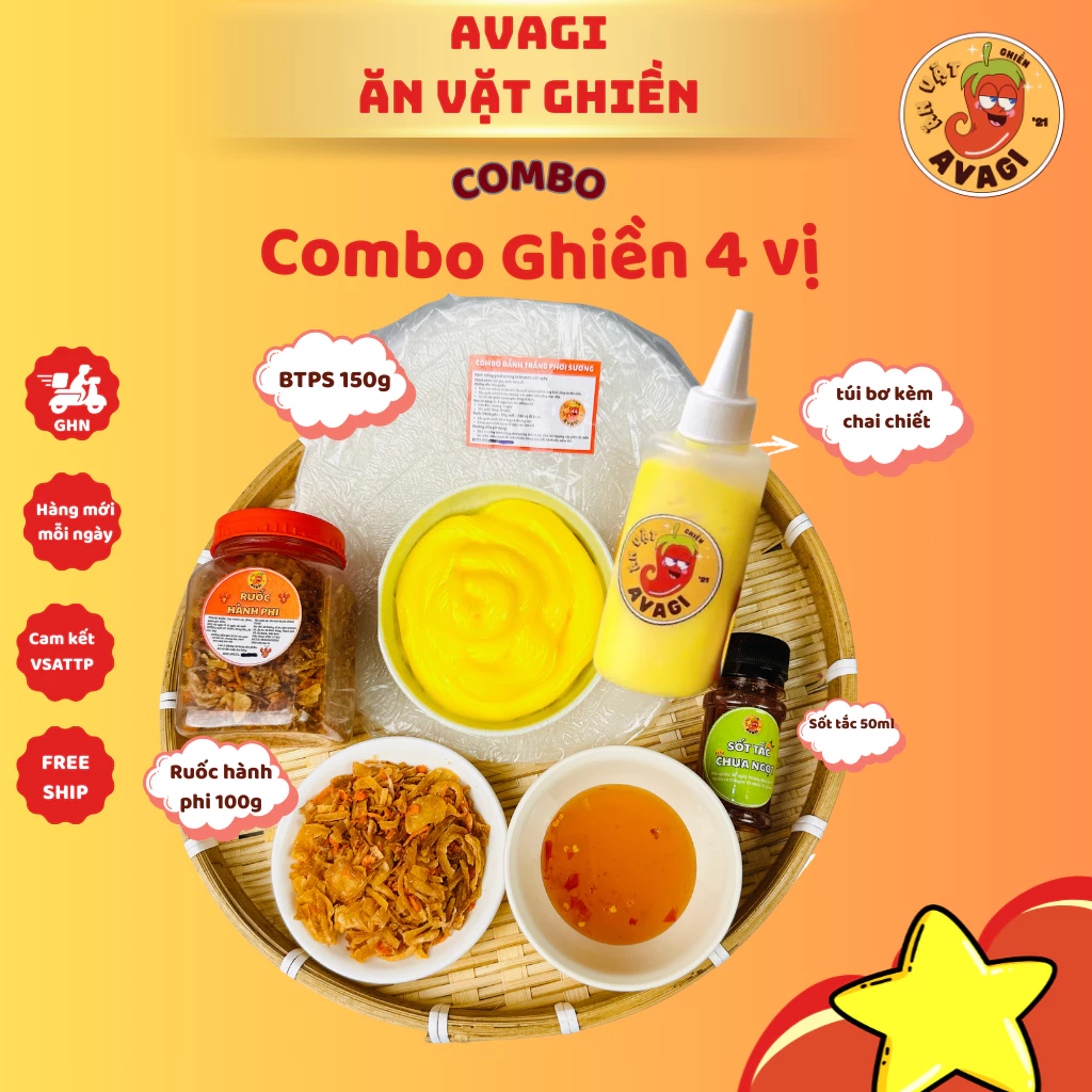 Bánh tráng Phơi Sương COMBO Ú Ù AVAGI (Bánh tráng, Tóp mỡ, túi Bơ, Ruốc hành phi, sốt tắc, ớt rim) ảnh 3