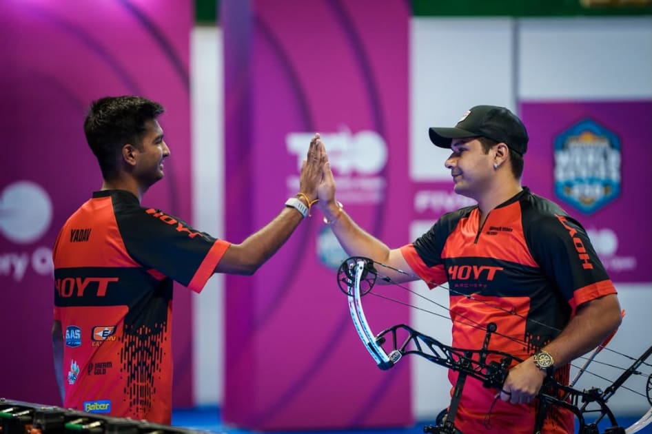 Indian archery team celebrating bronze medal win at Taipei Open 2025 with Abhishek Verma, Rishabh Yadav, and Ojas Deotale