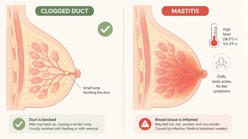 Clogged duct vs mastitis comparison chart showing a single localized clogged milk duct lump with normal skin beside mastitis pictured as a red, warm, wedge-shaped area with a fever.