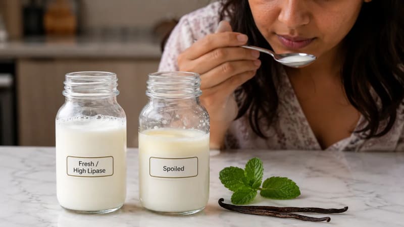 Two baby bottles side-by-side demonstrating breast milk quality checks: one bottle of normal milk and another showing slight separation and curdling.
