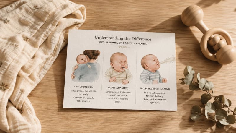 An educational card comparing normal infant spit-up, vomiting, and projectile vomiting side-by-side to help parents distinguish digestive issues from illness.