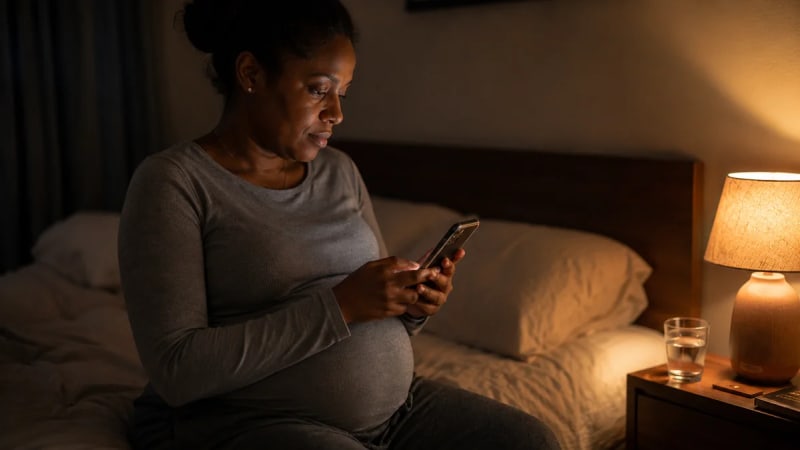 Pregnant woman sitting on bed at night holding her tightened belly while timing Braxton Hicks contractions on a smartphone timer app