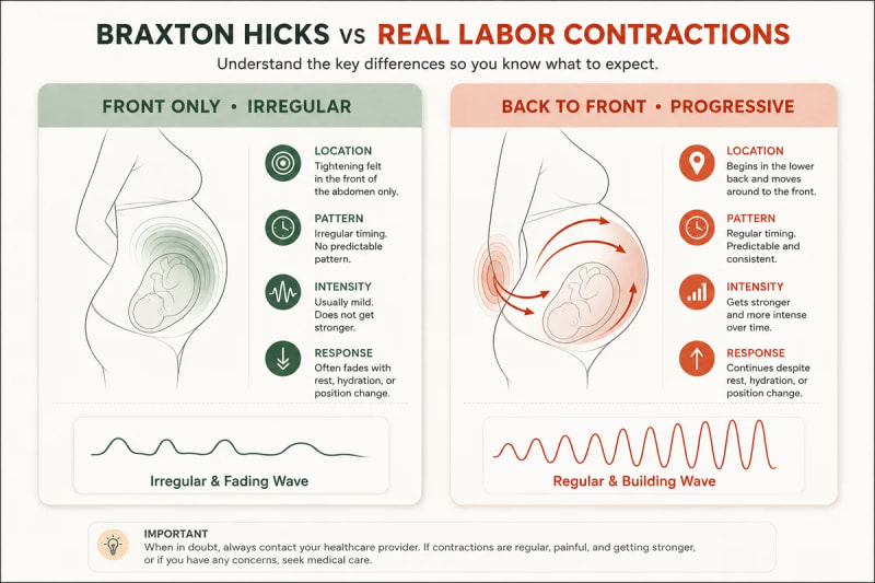 Side-by-side comparison chart illustrating localized irregular Braxton Hicks contractions vs progressive back-to-front real labor waves