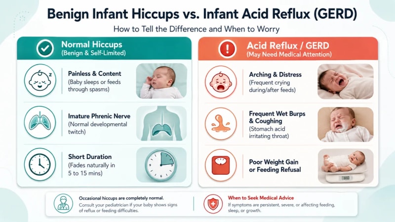 Infographic side-by-side comparison chart separating normal benign newborn hiccups from infant acid reflux GERD symptoms