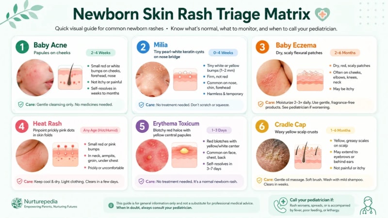 A comprehensive pediatric triage matrix chart comparing 6 major newborn skin conditions—baby acne, milia, eczema, heat rash, erythema toxicum, and cradle cap—by age of onset, bump texture, primary location, and visual hallmarks.