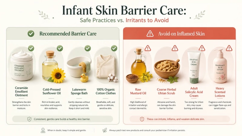 A modern medical dual-panel comparison visual contrasting safe infant barrier care (ceramide emollients, cold-pressed sunflower oil, gentle cotton) against harmful traditional irritants (mustard oil, ubtan scrubs, adult acne lotions).