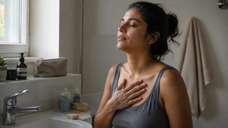 An exhausted postpartum mother practicing a cold water grounding reset and deep breathing in a bathroom to calm nervous system overwhelm and postpartum rage.