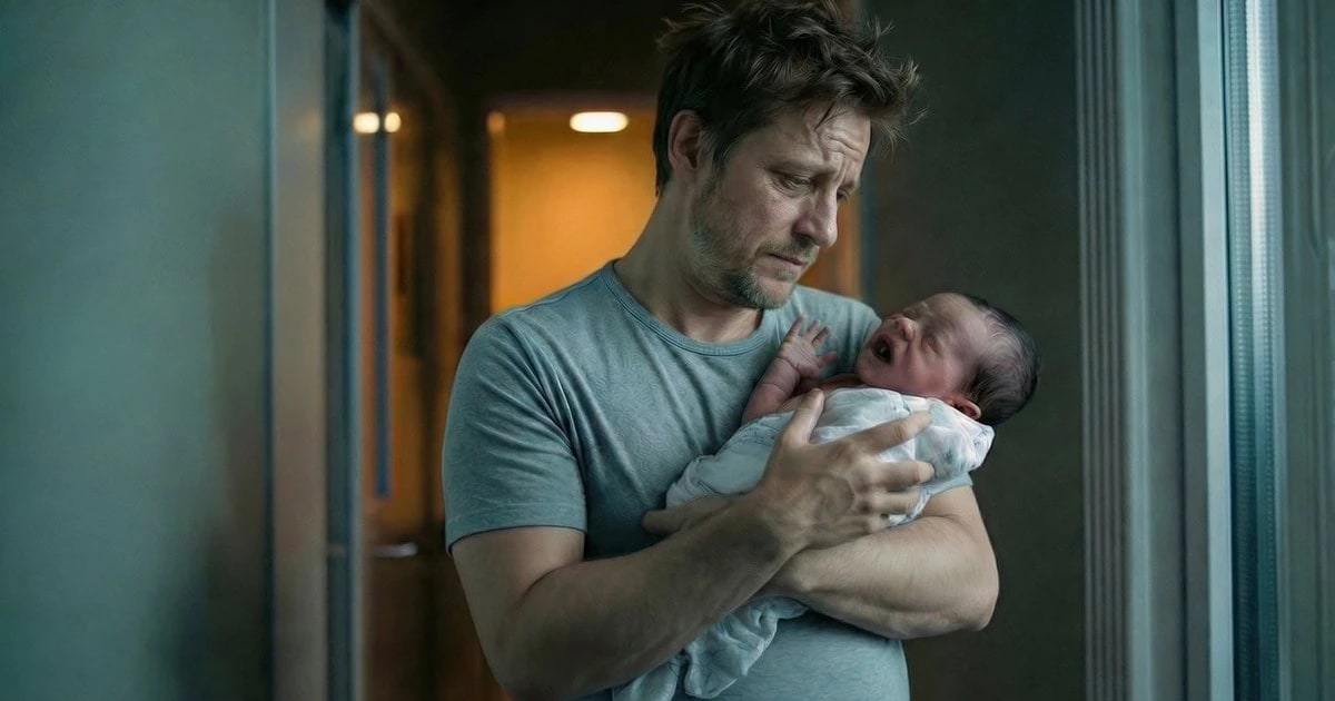 Exhausted parent soothing a crying newborn baby at 2 am using swaddle technique