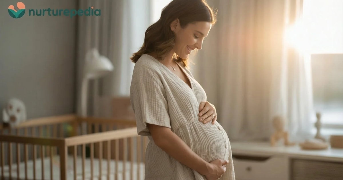 A happy pregnant woman gently cradling her baby bump in a sunlit nursery, part of NurturePedia's comprehensive pregnancy week-by-week guide.
