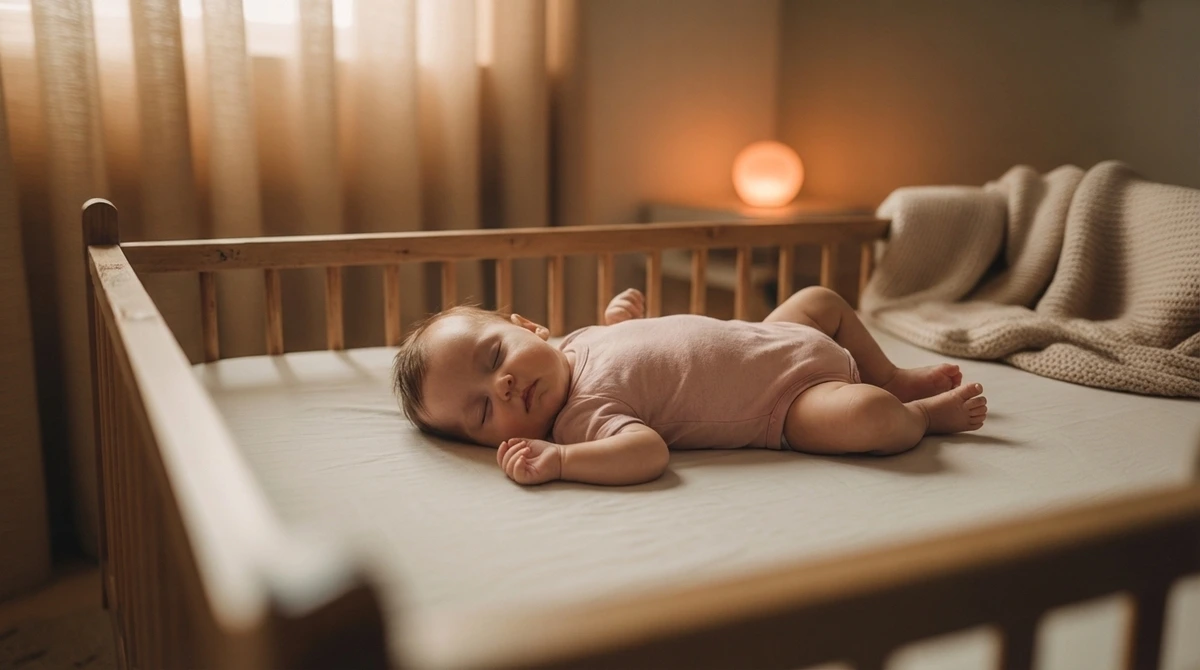 Peaceful baby sleeping soundly in a modern nursery crib during sleep training — warm ambient lighting with soft neutral tones