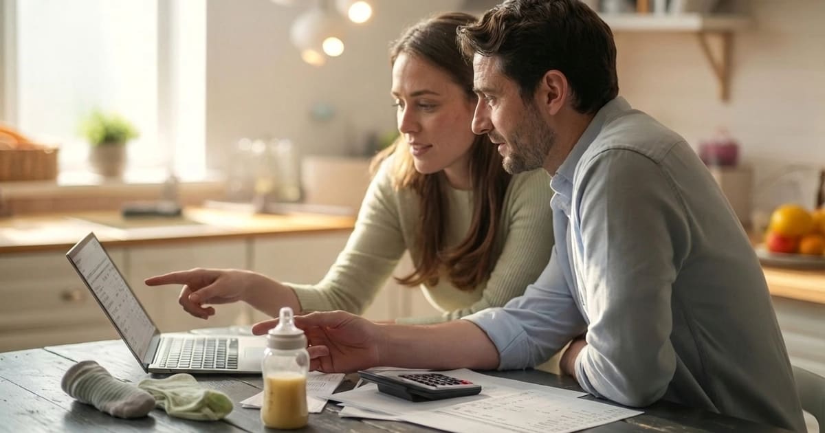 Young expecting couple reviewing first-year baby costs and budget on a laptop at their kitchen table, with baby items and a calculator nearby