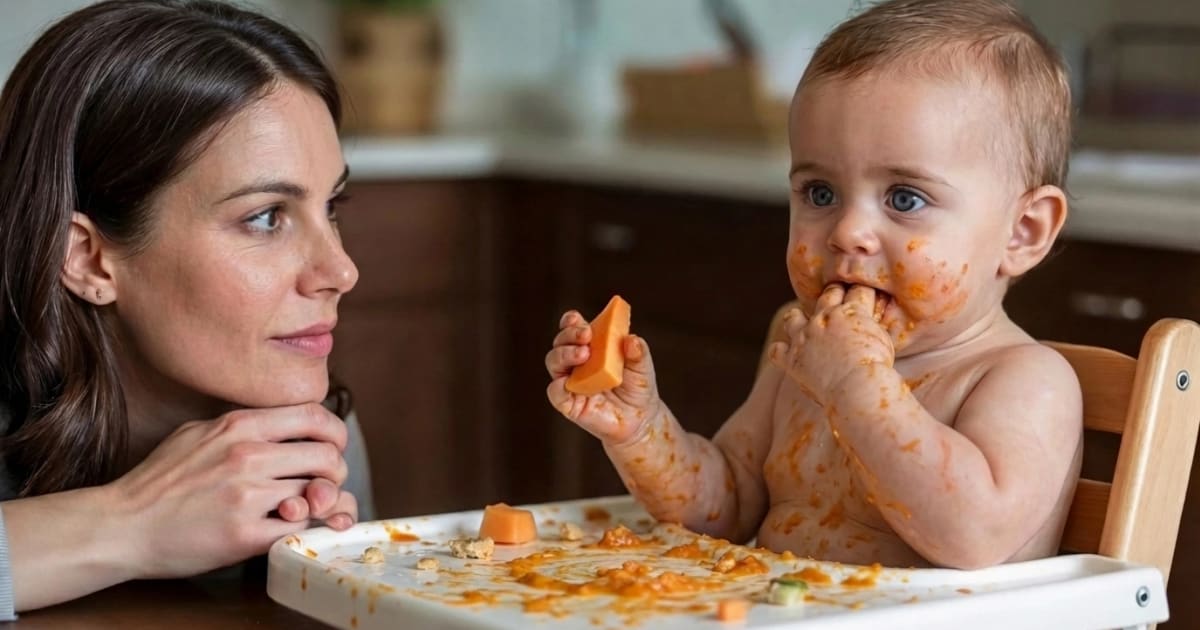 Mother watching her baby closely while the baby eats soft finger foods in a high chair during baby-led weaning — gagging vs choking safety awareness