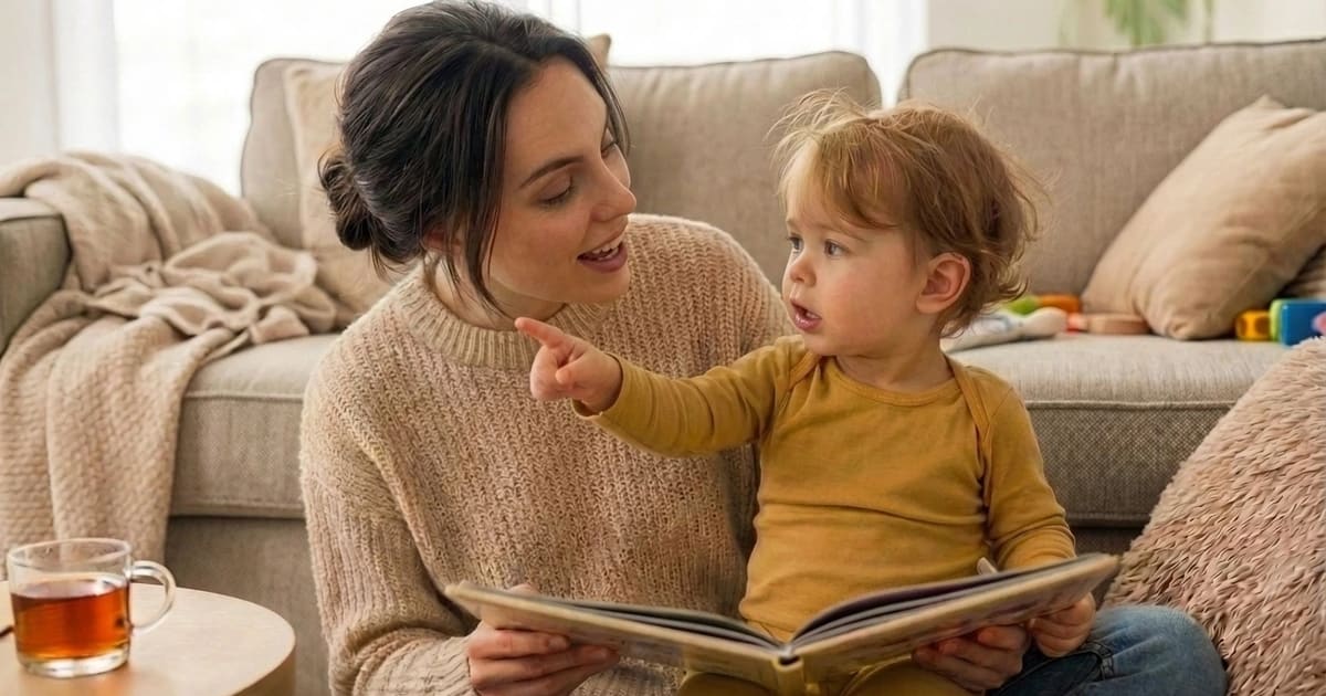 Mother reading a book with her 2-year-old toddler who is pointing at objects, demonstrating early speech development, communication skills, and language learning interaction at home