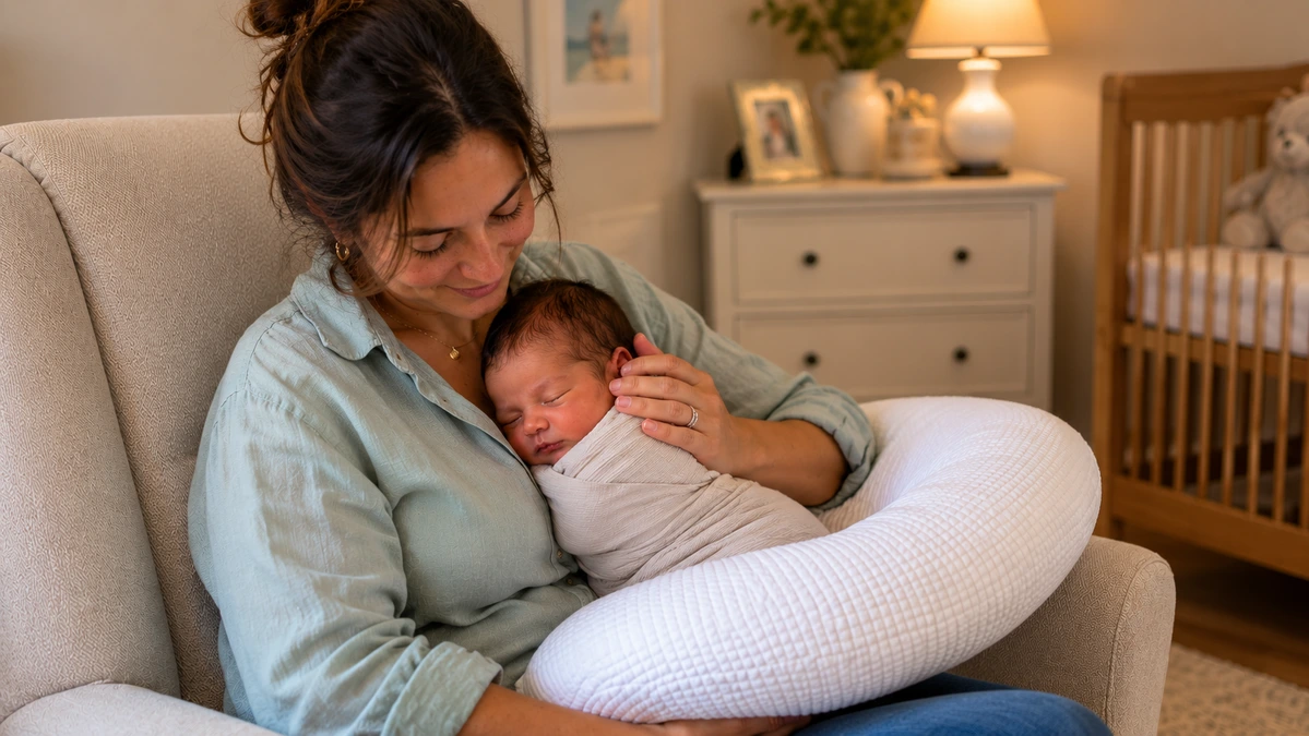A mother sitting in a nursery chair, holding her baby tucked under her arm on a supportive nursing pillow, demonstrating the football breastfeeding position for C-section recovery.