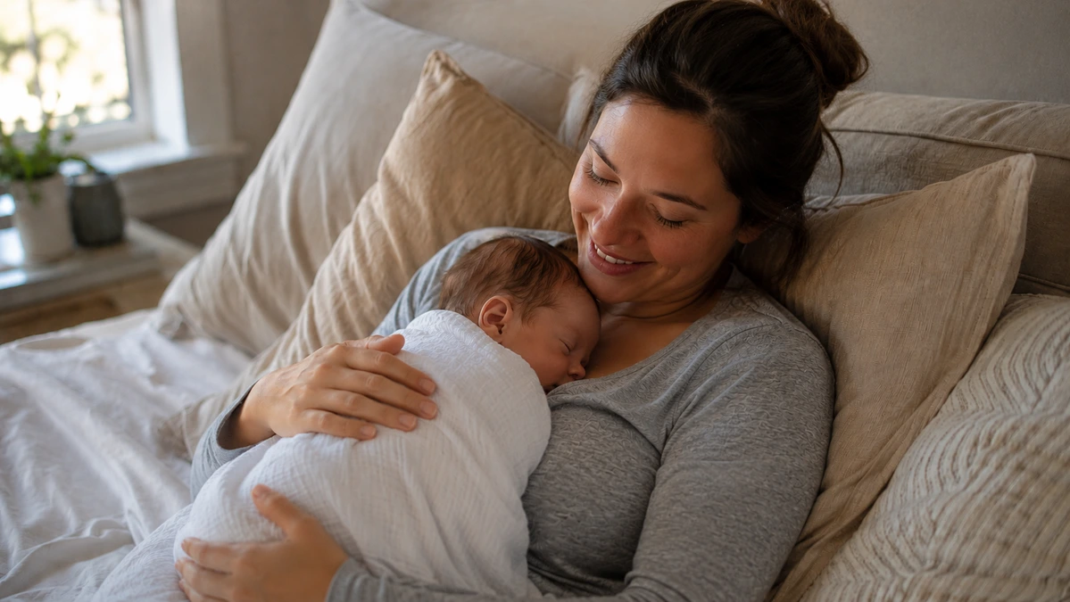 A mother smiling down at her newborn baby resting tummy-down on her chest in a cozy bedroom, practicing the laid-back breastfeeding position for natural self-attachment.